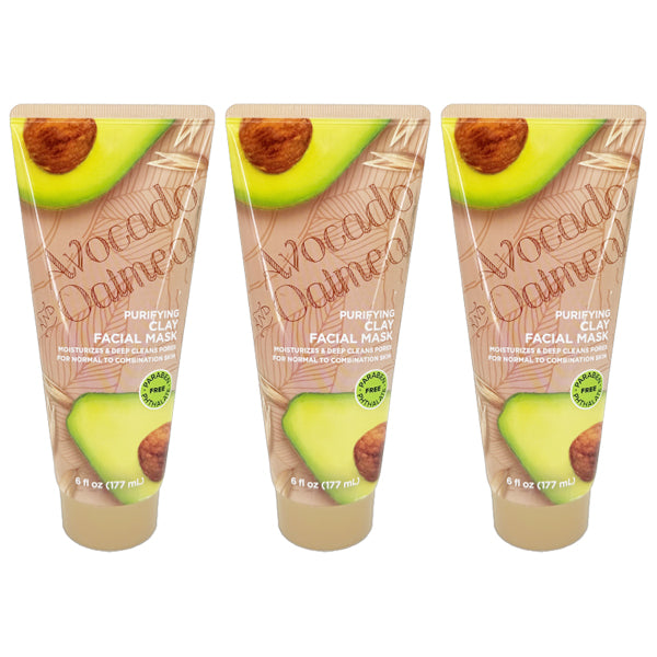 Three upright tubes of CVS 3 Pack - Avocado & Oatmeal Purifying Clay Facial Mask For Normal Skin 6 Oz feature avocado and oatmeal images—ideal for a deep clean that leaves your skin ultra-soft.